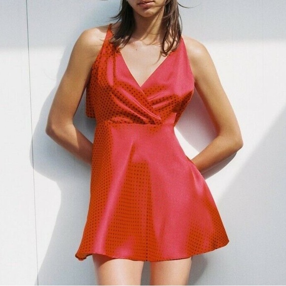 Zara red polka dot satin silk look open back mini flare dress  NWT - Picture 3 of 7